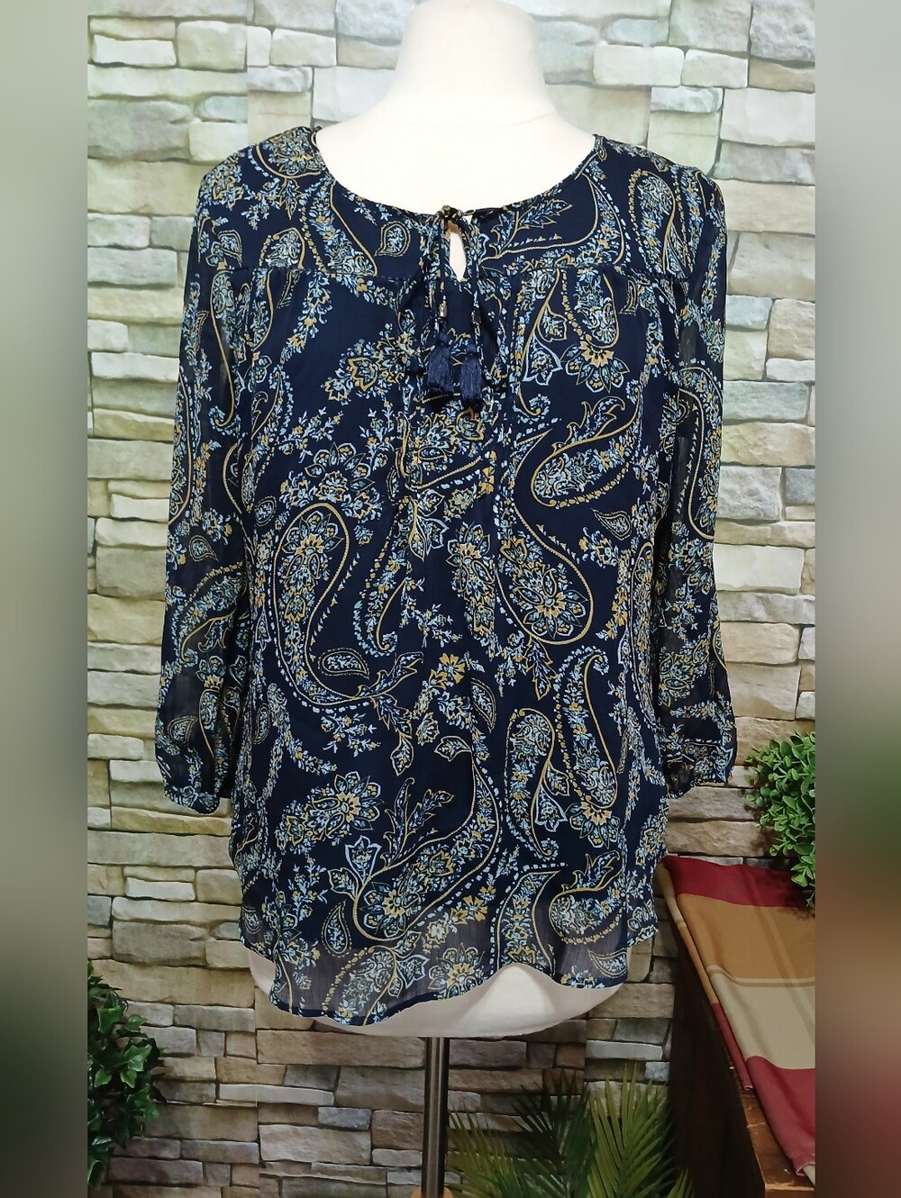 St. John's Bay Large Navy Paisley Tie-Neck Peasant Blouse